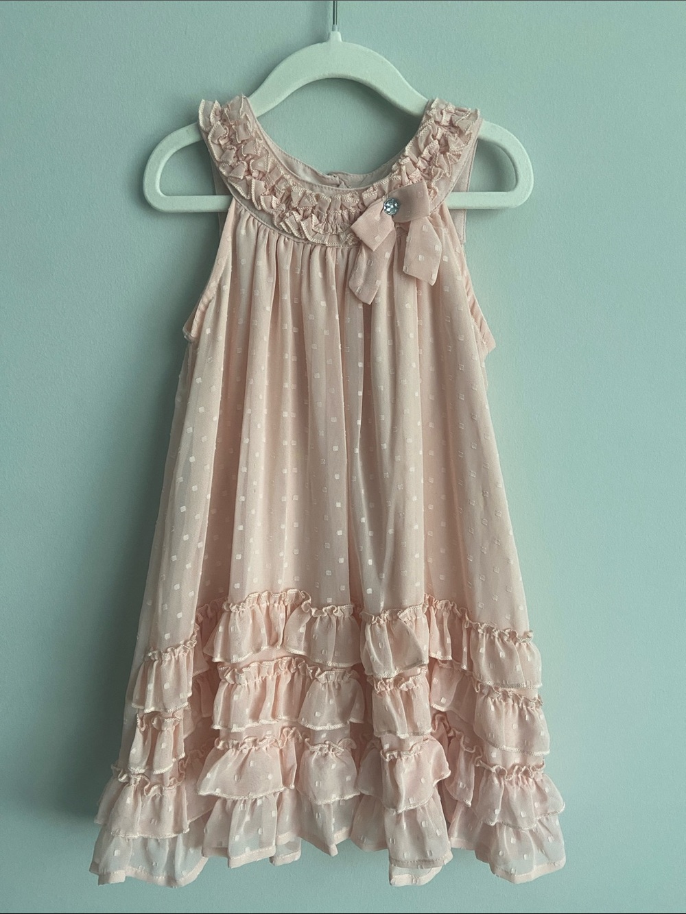 Girls' Peach chiffon Ruffle Tiered Dress with Bow and rhinestone size 5 girls